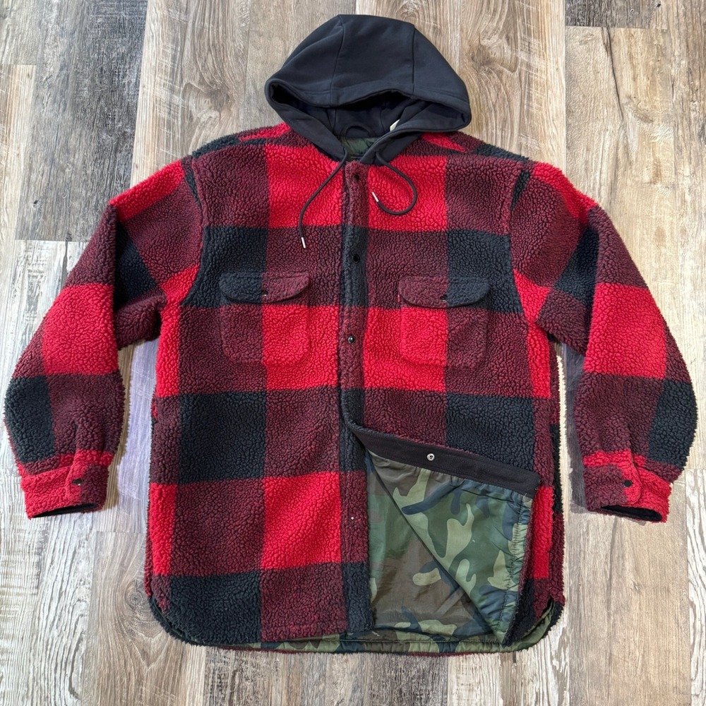 Levi's Buffalo Plaid Sherpa Jacket Hooded Camo Lined Men L Red Trucker Shacket
